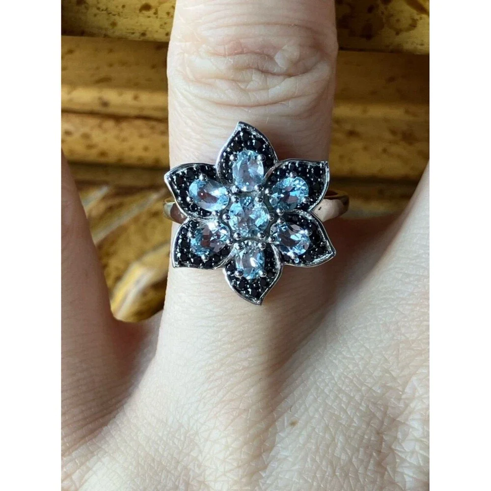 Natural Aquamarine Black Spinel Sterling Silver Ring Size 8